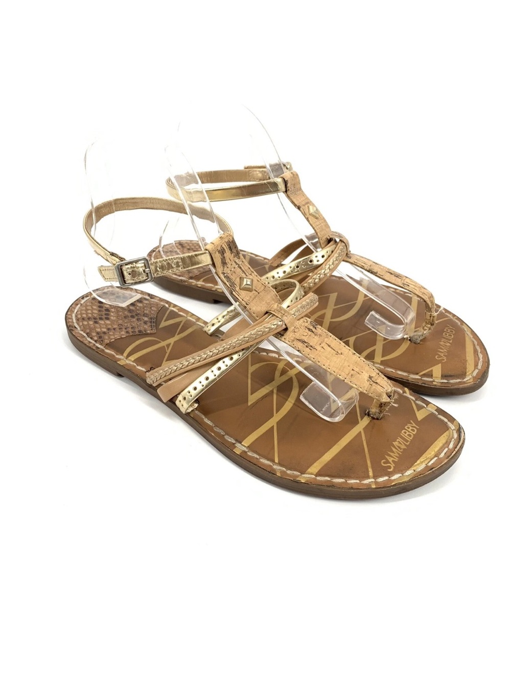 Sam & Libby T-Strap Sandals with gold details Size 7.5